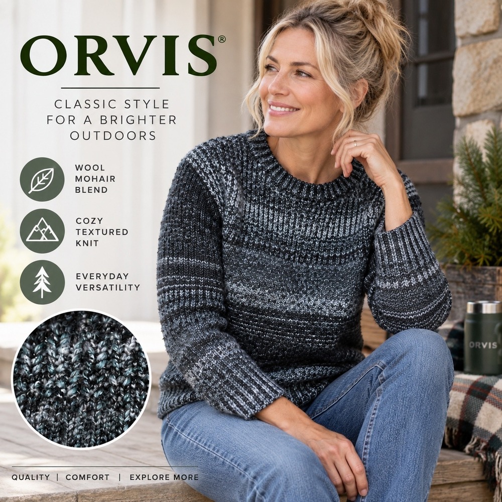 Orvis Marled Knit Sweater Women Small Gray Ombre Crewneck Chunky Pullover Cozy